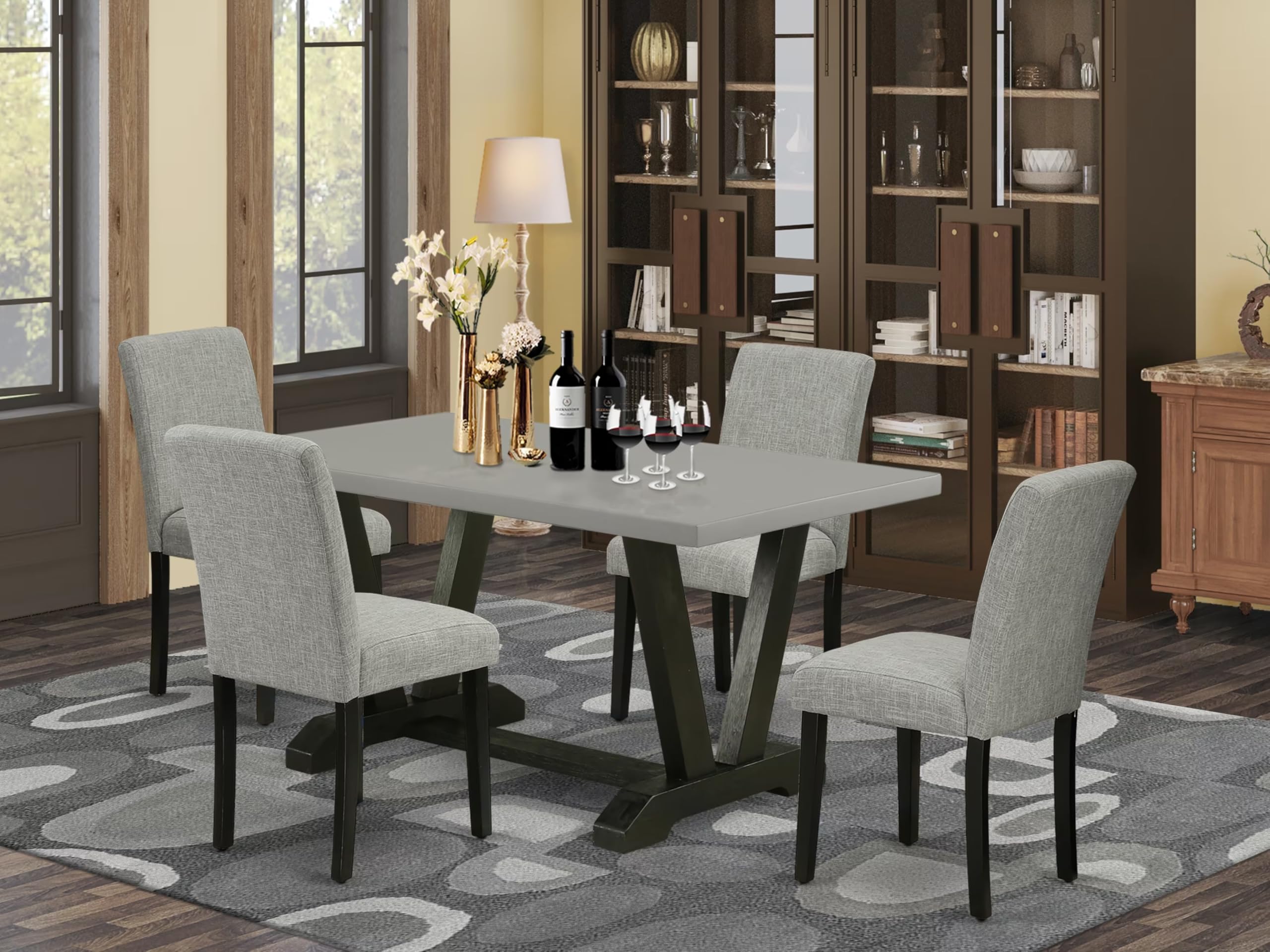 East West Furniture V-Style 5 Piece Dining Set For 4 Includes A Rectangle Kitchen Table With V-Legs And 4 Shitake Linen Fabric Upholstered Parson Chairs, 36X60 Inch, Multi-Color